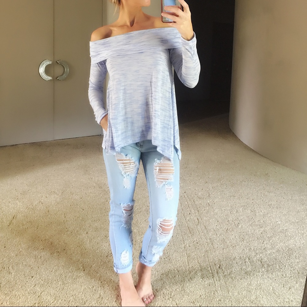 Sage Off-Shoulder Light Blue Heather Cowl Top